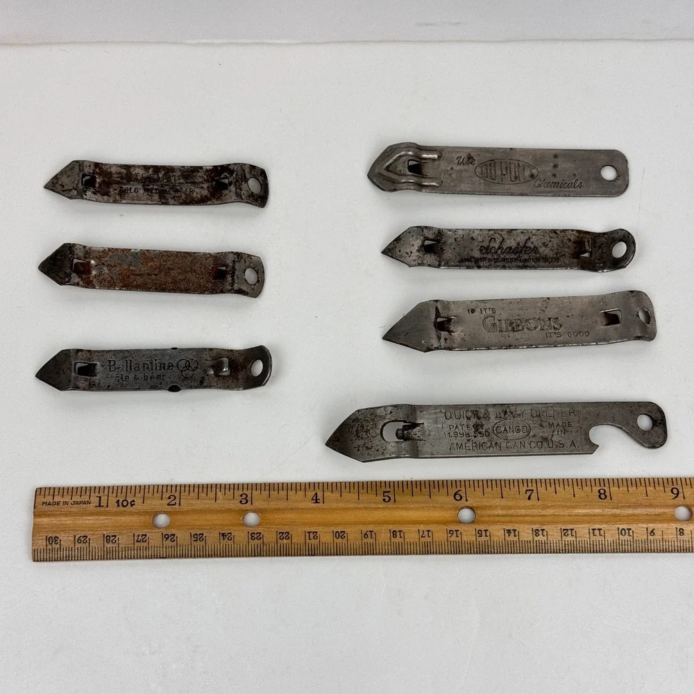7 Vtg Mixed Advertisement Lot of Metal Can Bottle Openers Rusted Aged Man Cave
